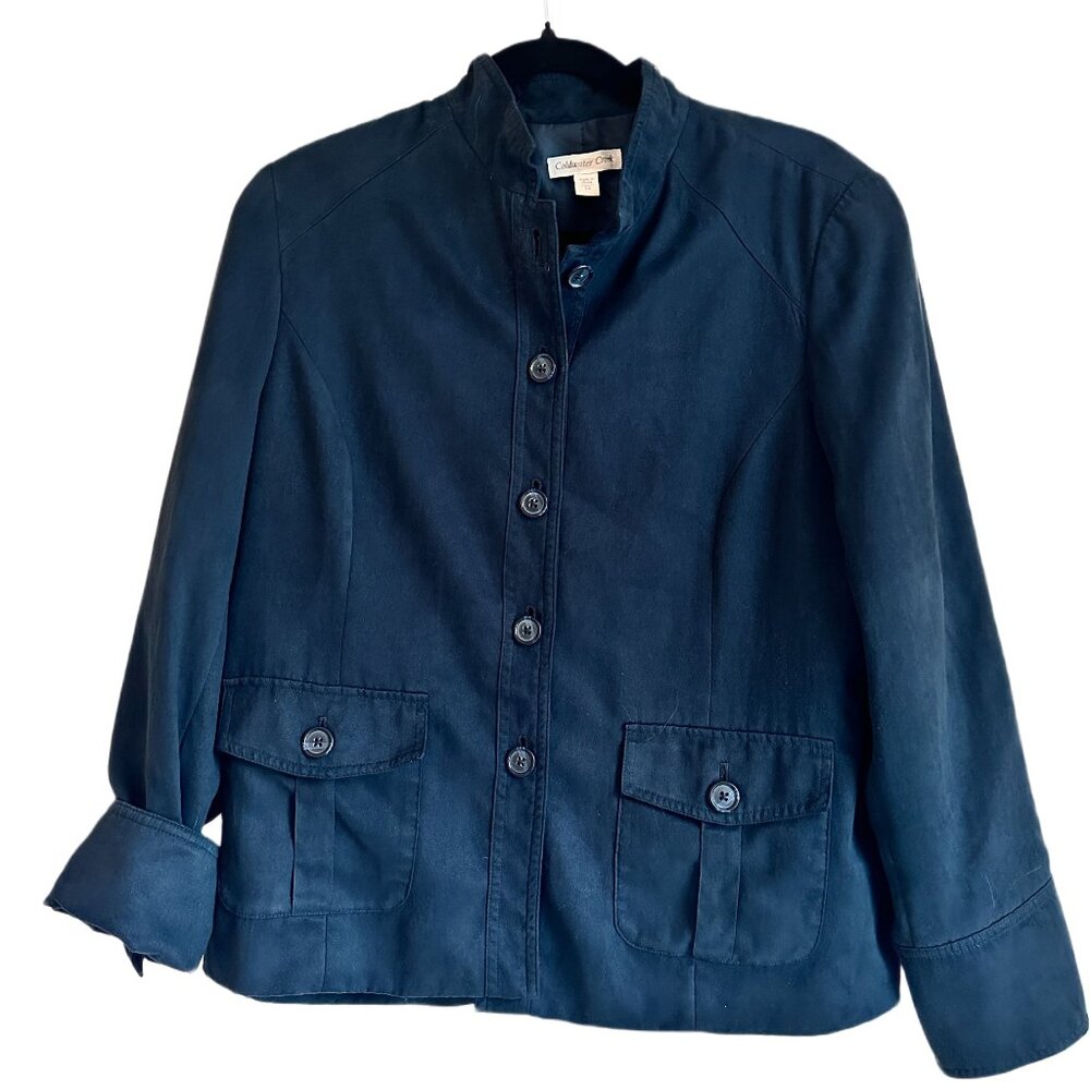 Coldwater Creek Navy Faux Suede Button Military Jacket Casual Sz 14